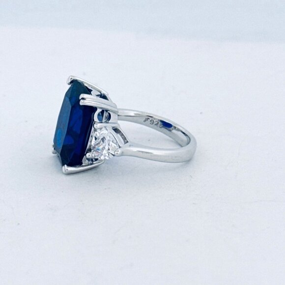 Estate 925 Silver Simulated Sapphire Ring w/ CZ Accents Rhodium Plated Sz 6 - Picture 5 of 10